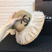 Chanel·純手珍珠配飾流蘇邊草帽